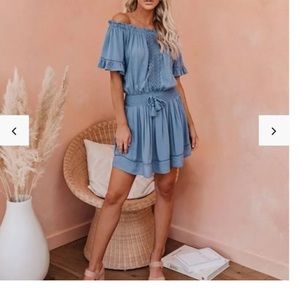 Smocked off the shoulder dress with crochet accents M